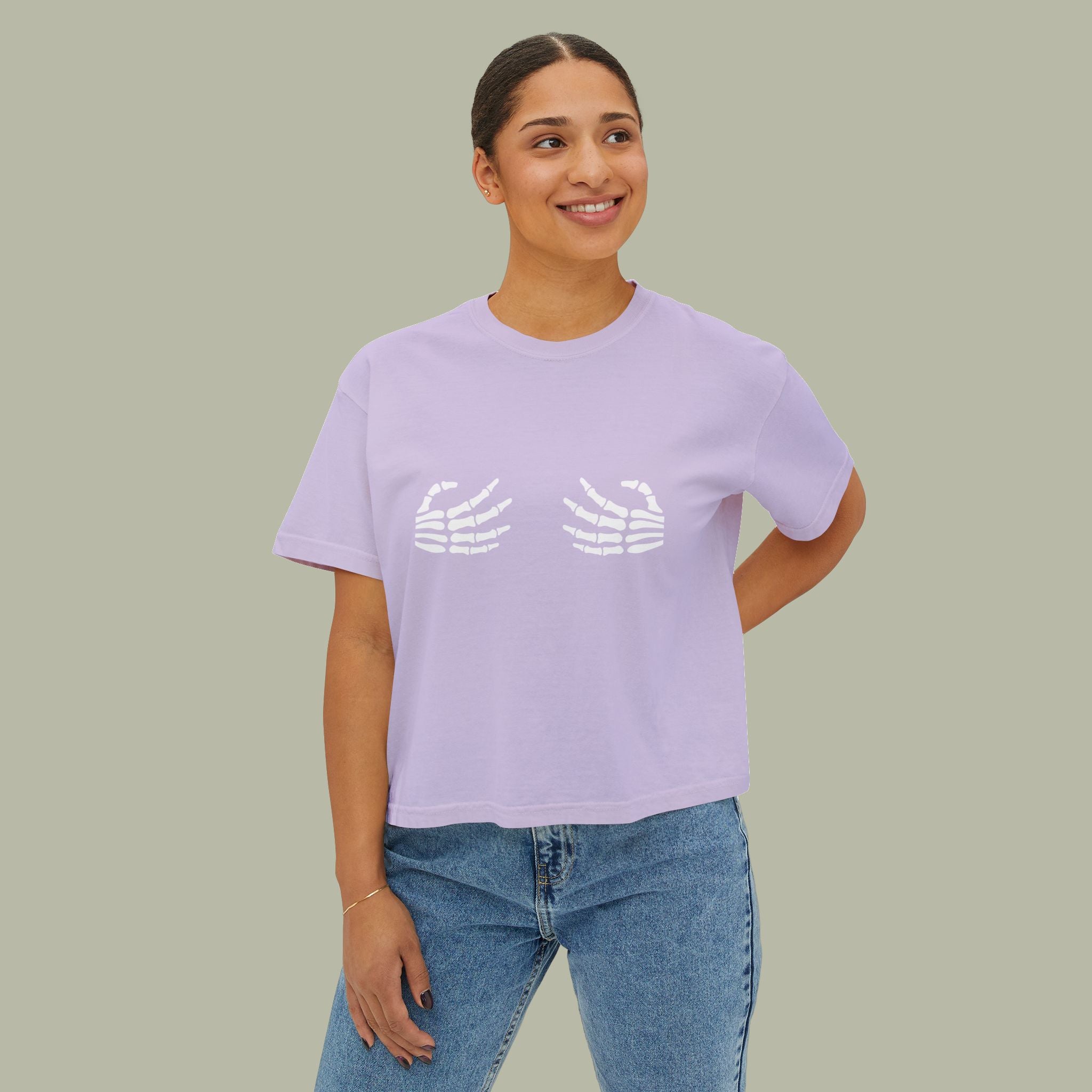 Women's Boxy Tee — Cute Skeleton Hands Graphic Crop Tee - Image 10