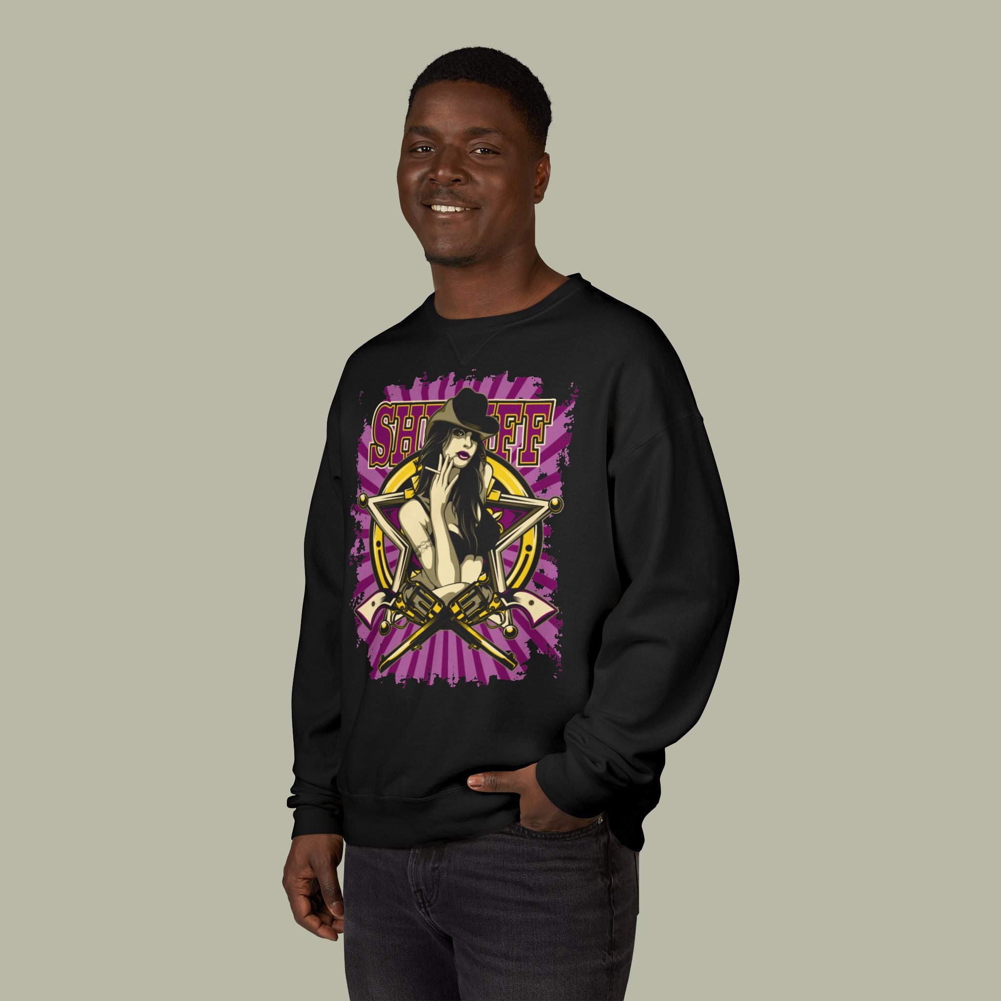 Graphic Lady Smoker Sweatshirt — 'Sheriff' Pinup Design with Back 'Baliveno'