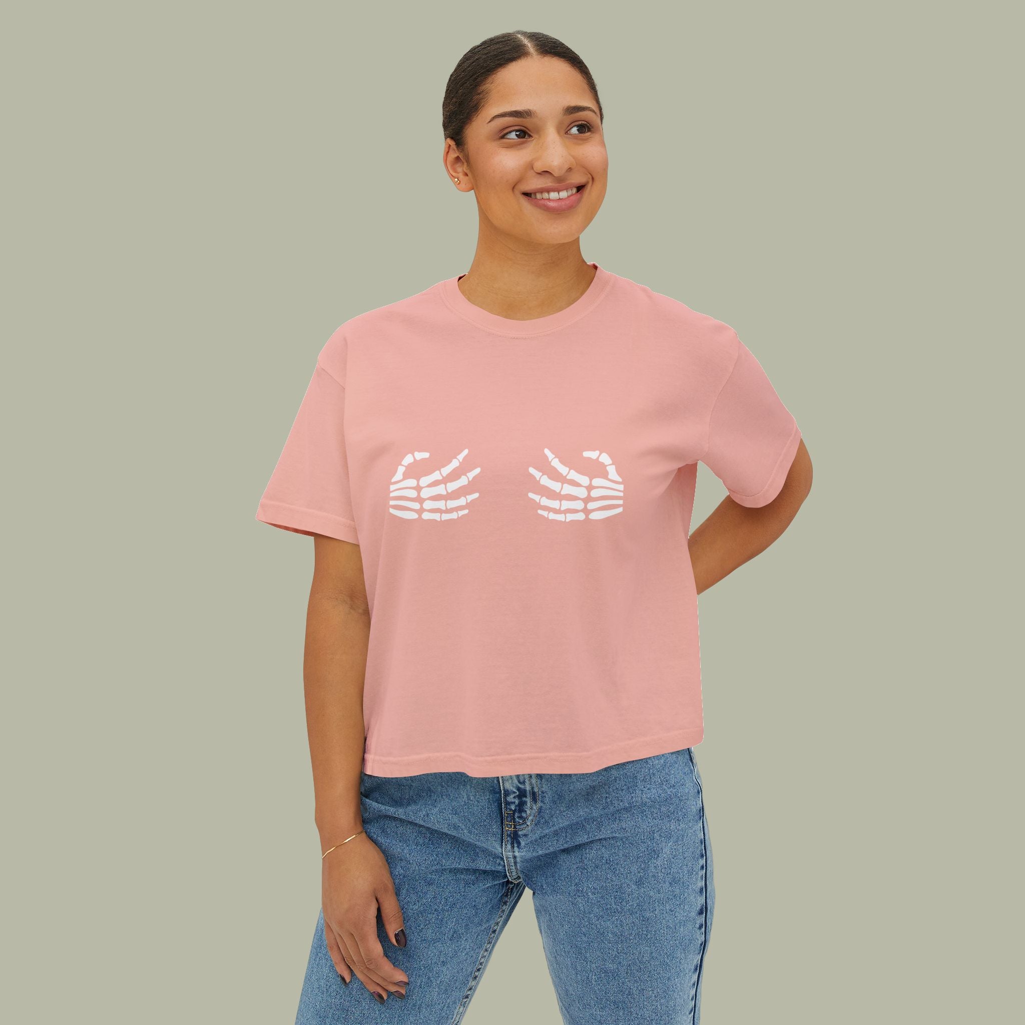 Women's Boxy Tee — Cute Skeleton Hands Graphic Crop Tee