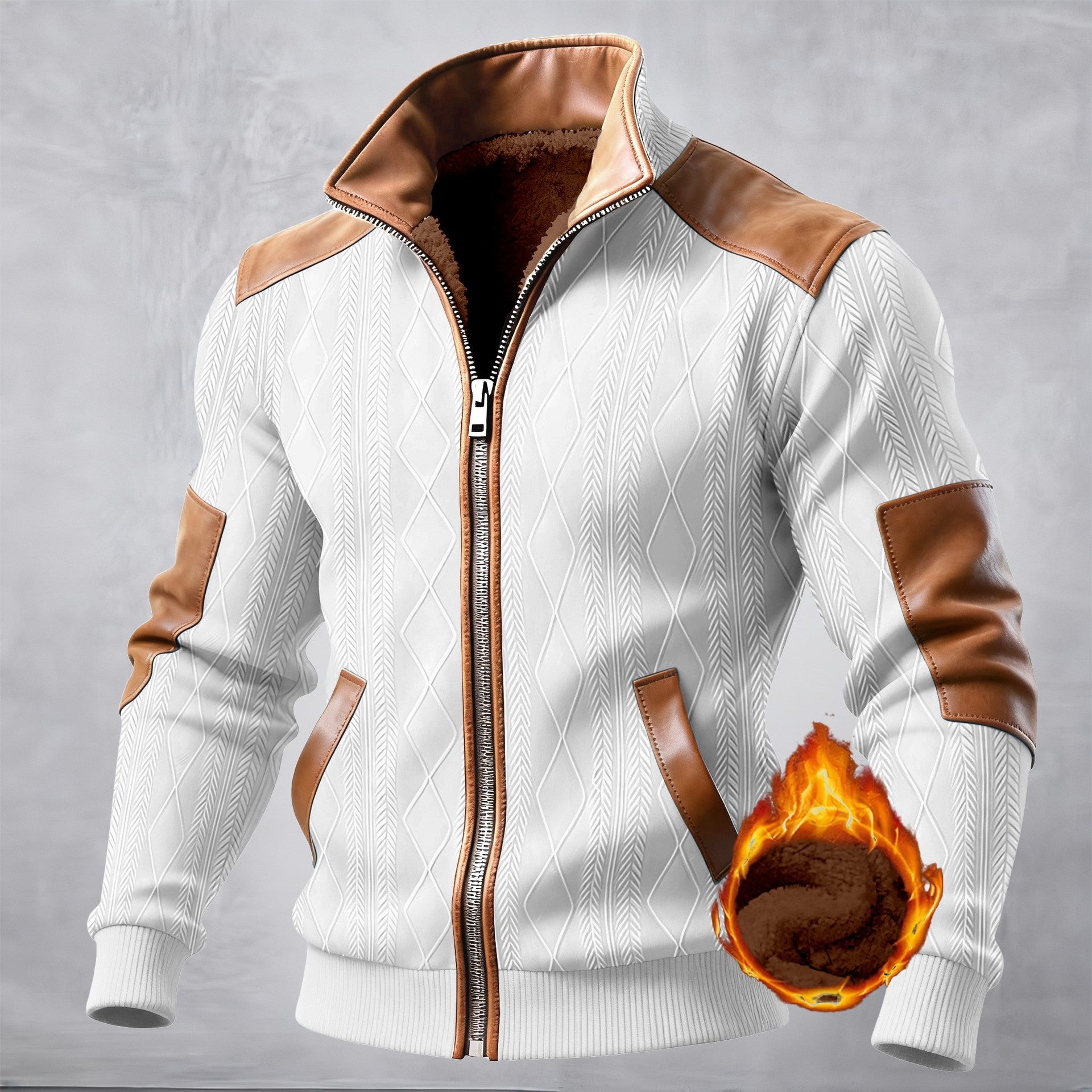 Color-block Textured Fleece-lined Zip-up Casual Jacket - Image 5