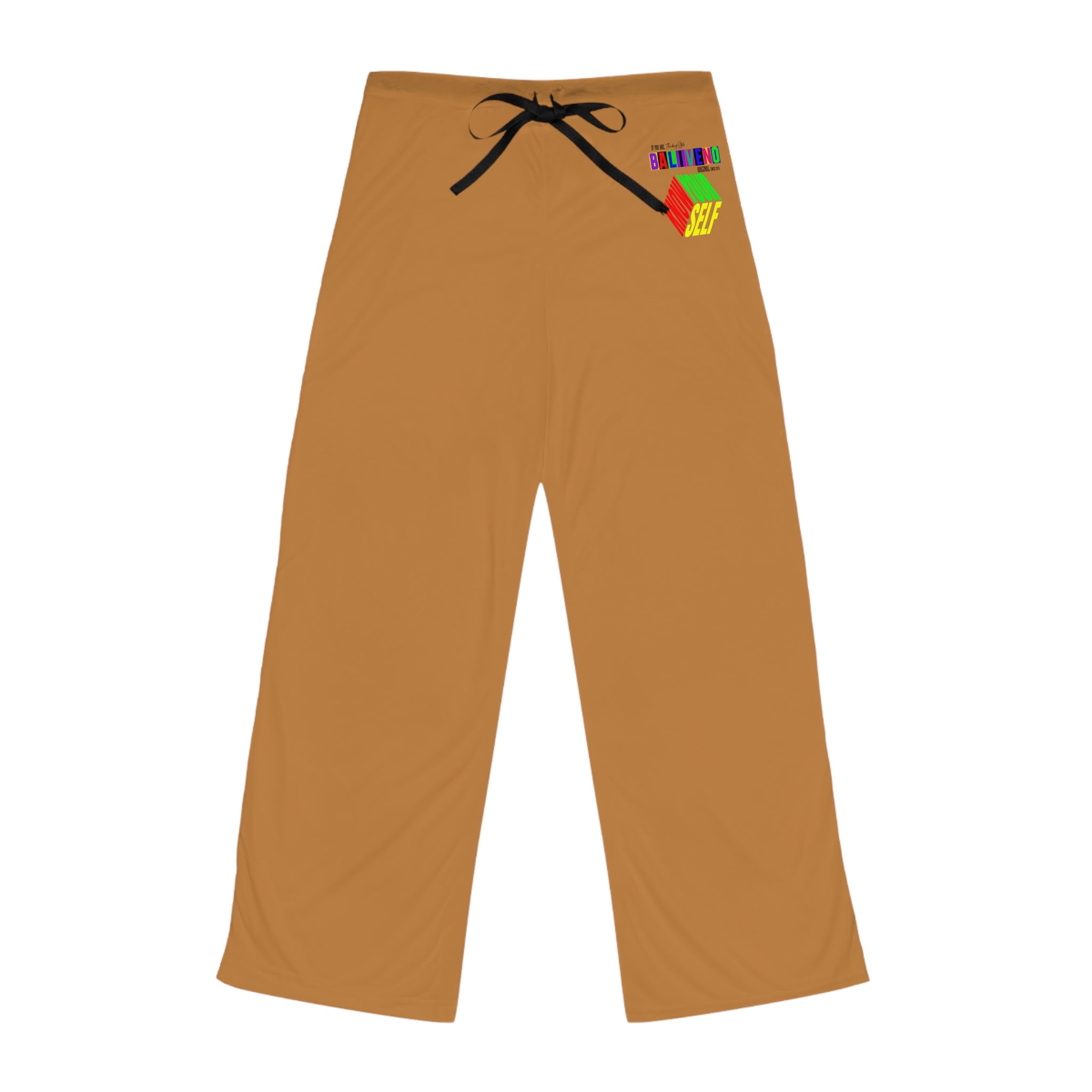 Cozy Brown Women's Pajama Pants with Ribbon Tie & Colorful Patch