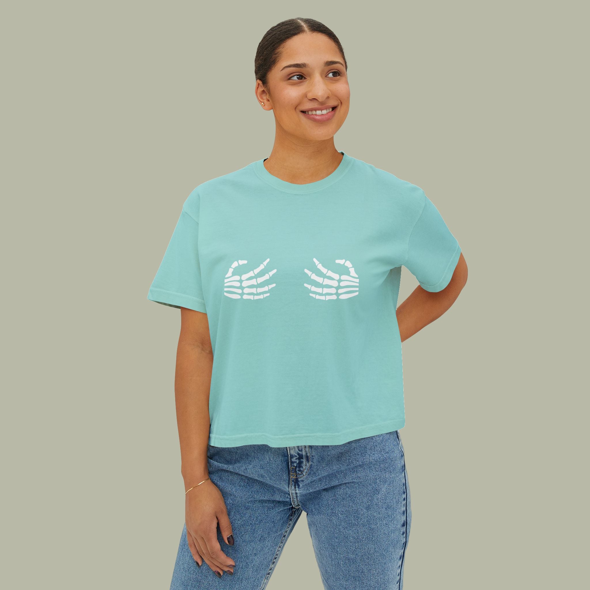 Women's Boxy Tee — Cute Skeleton Hands Graphic Crop Tee - Image 8