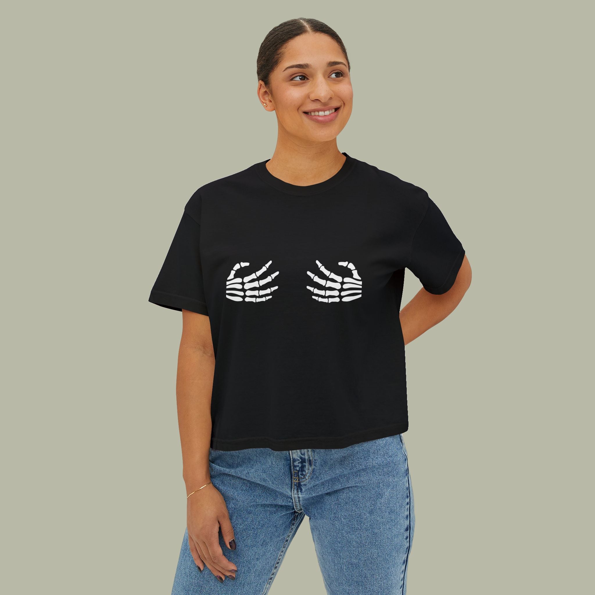 Women's Boxy Tee — Cute Skeleton Hands Graphic Crop Tee - Image 9