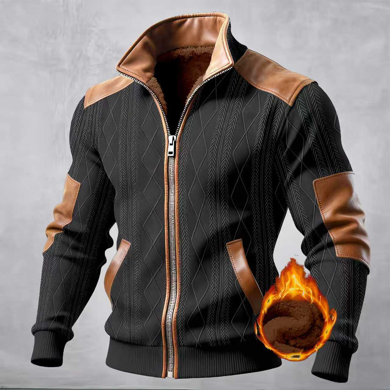 Color-block Textured Fleece-lined Zip-up Casual Jacket - Image 6