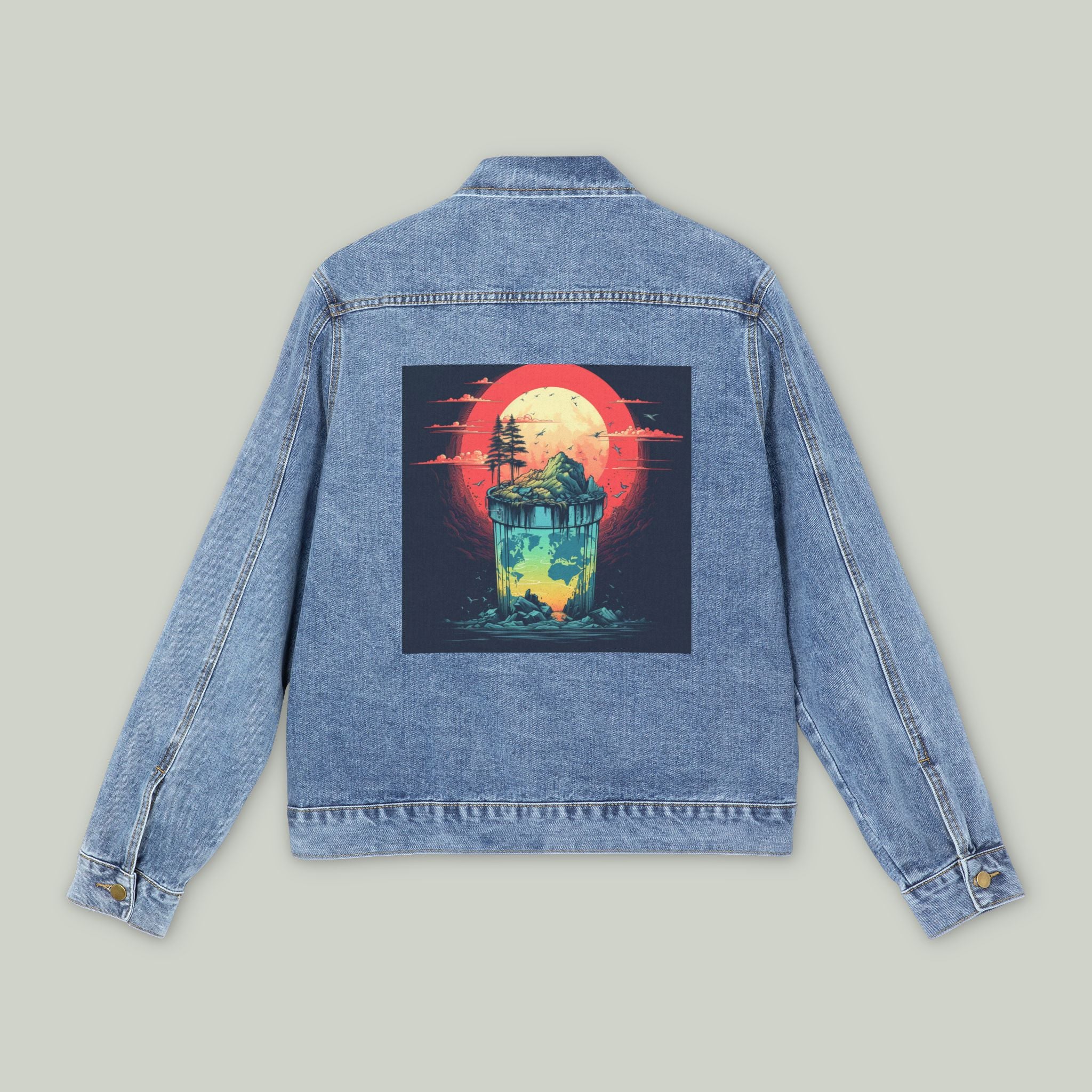 Denim Jacket — Neon Lighthouse Backprint Vintage Sunset Graphic
