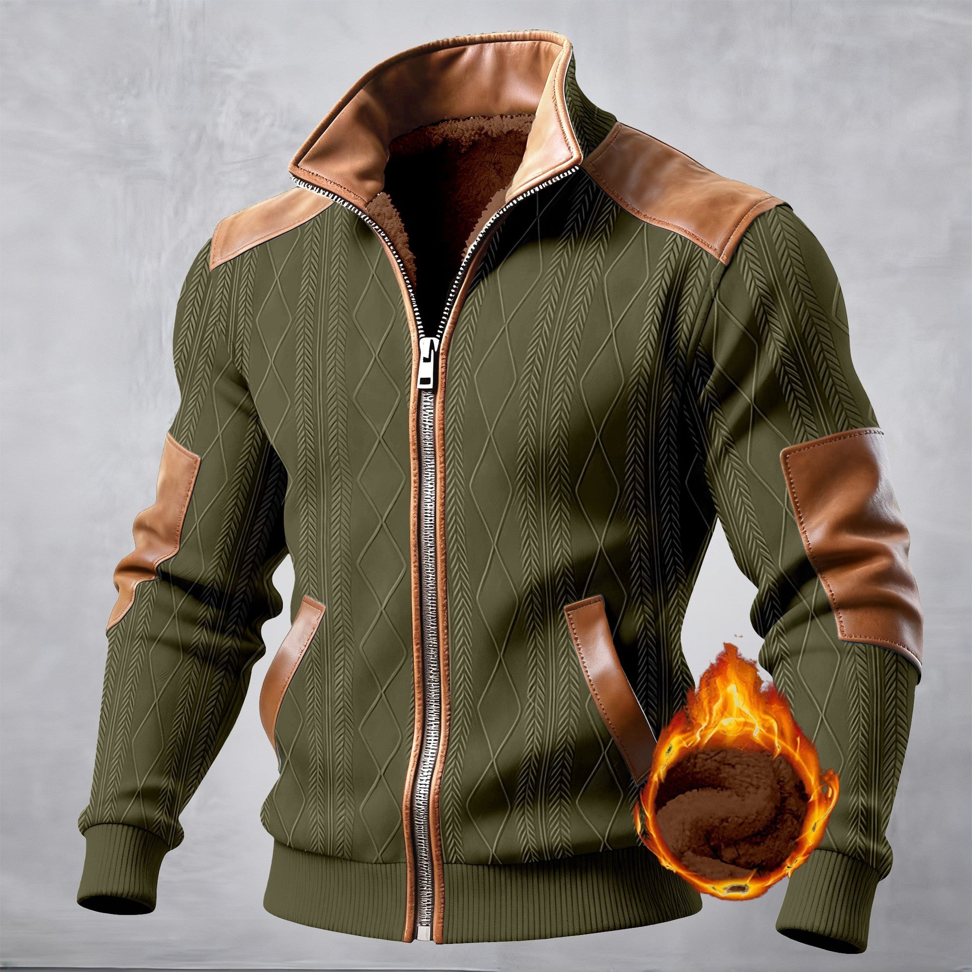 Color-block Textured Fleece-lined Zip-up Casual Jacket - Image 8