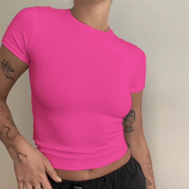 Woman Clothing Short Sleeve T-shirt Slim Fit Tops Female O-Neck Knitted Sheath Tee Shirt Street Wear Sex Sporty 2024 Y2K New2410 - Image 4
