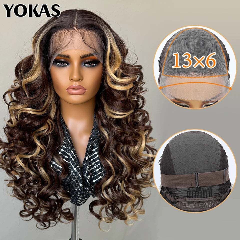 Latisha 13X6 Synthetic Lace Frontal Wig Pre Plucked Lace Front Wig With Baby Hair For Women Curly Highlight Ombre Blonde Female
