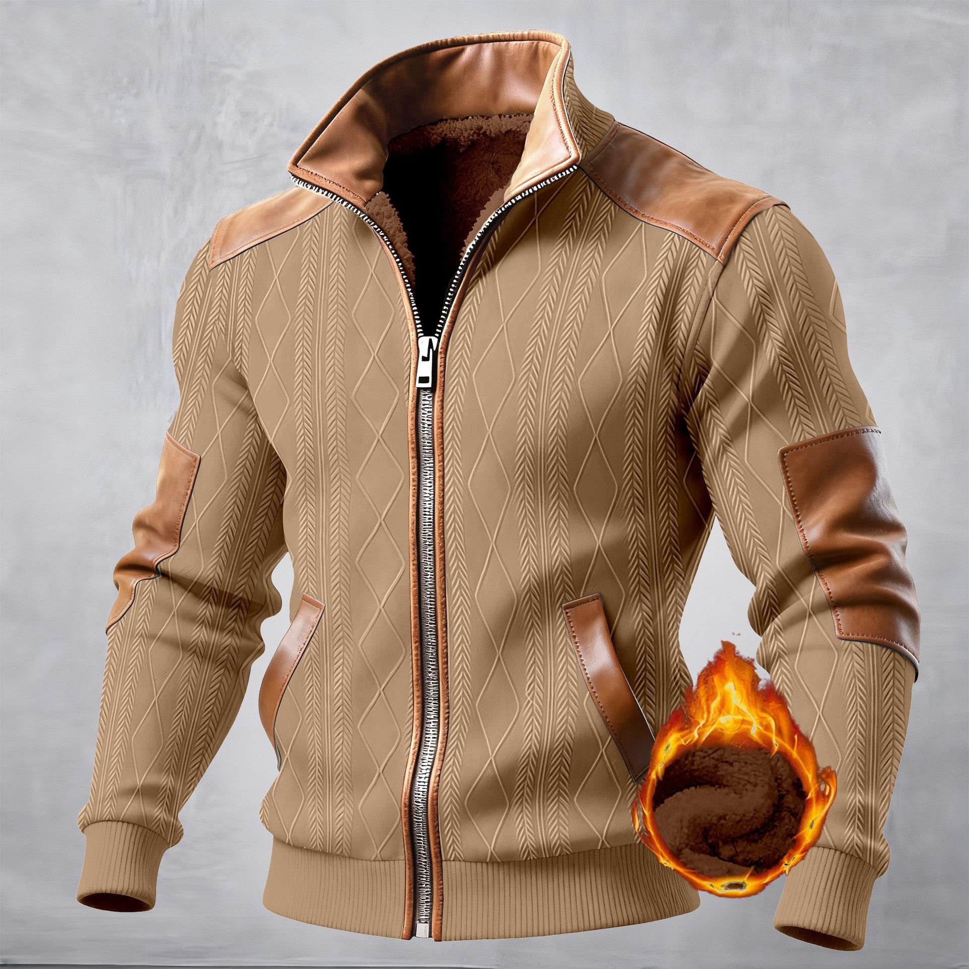 Color-block Textured Fleece-lined Zip-up Casual Jacket - Image 10