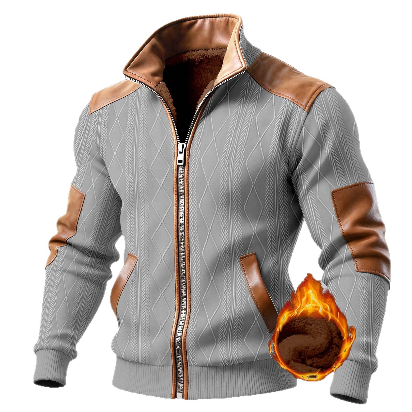 Color-block Textured Fleece-lined Zip-up Casual Jacket - Image 4