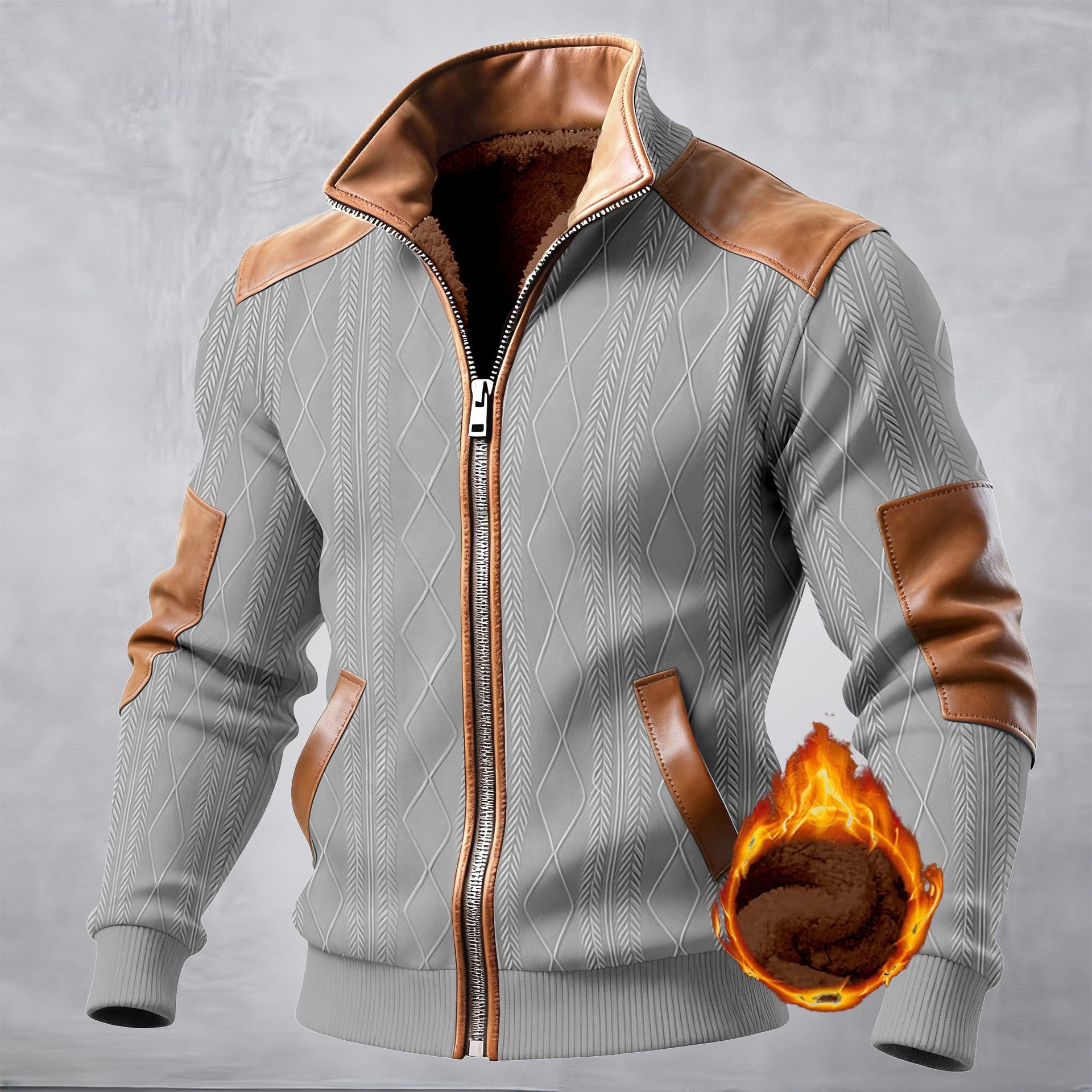 Color-block Textured Fleece-lined Zip-up Casual Jacket - Image 7