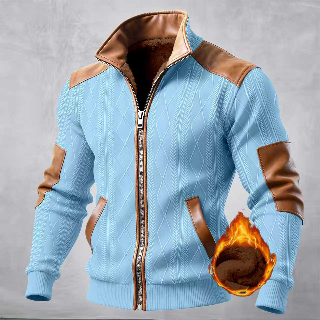 Color-block Textured Fleece-lined Zip-up Casual Jacket - Image 9